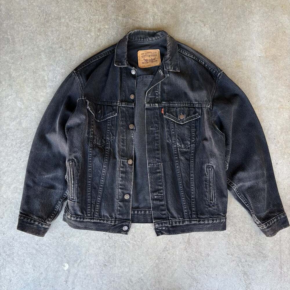 Levi's Orange Tab Type 3 Black Denim Trucker Jacket Crazy Fade Size XL RARE
